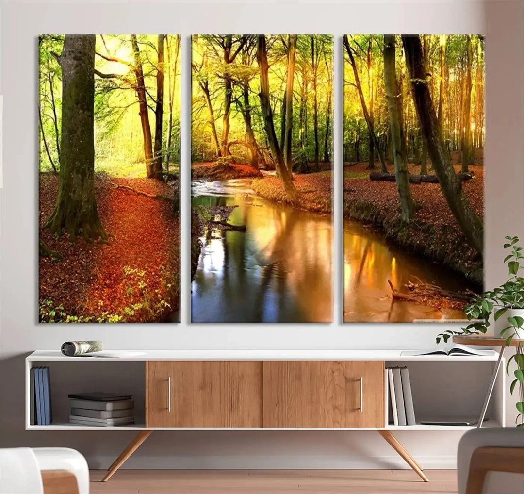 Stream inside Red and Green Colored Forest in Spring Large Wall Art Landscape Canvas Print