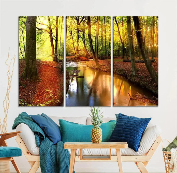 Stream inside Red and Green Colored Forest in Spring Large Wall Art Landscape Canvas Print