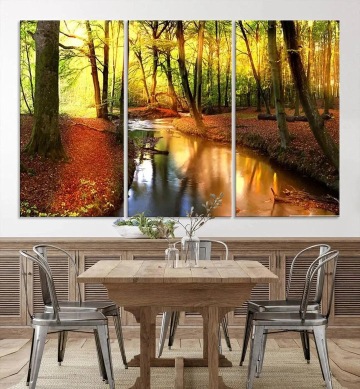 Stream inside Red and Green Colored Forest in Spring Large Wall Art Landscape Canvas Print