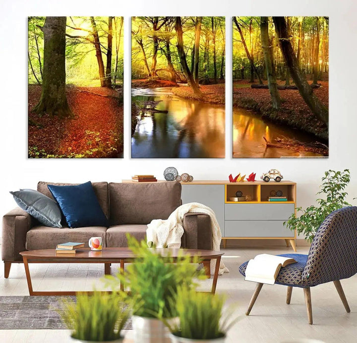 Stream inside Red and Green Colored Forest in Spring Large Wall Art Landscape Canvas Print