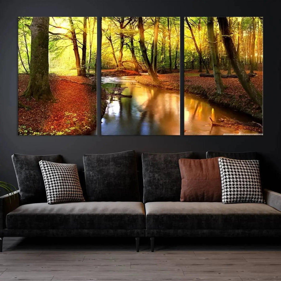 Stream inside Red and Green Colored Forest in Spring Large Wall Art Landscape Canvas Print