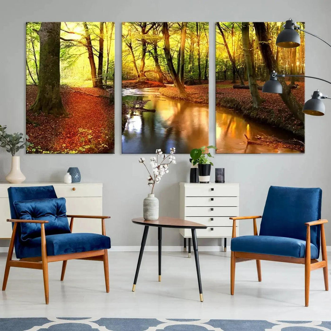 Stream inside Red and Green Colored Forest in Spring Large Wall Art Landscape Canvas Print