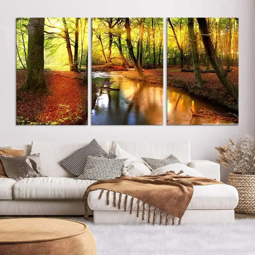 Stream inside Red and Green Colored Forest in Spring Large Wall Art Landscape Canvas Print