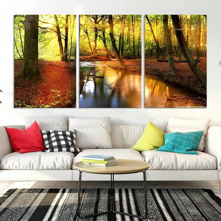 Stream inside Red and Green Colored Forest in Spring Large Wall Art Landscape Canvas Print