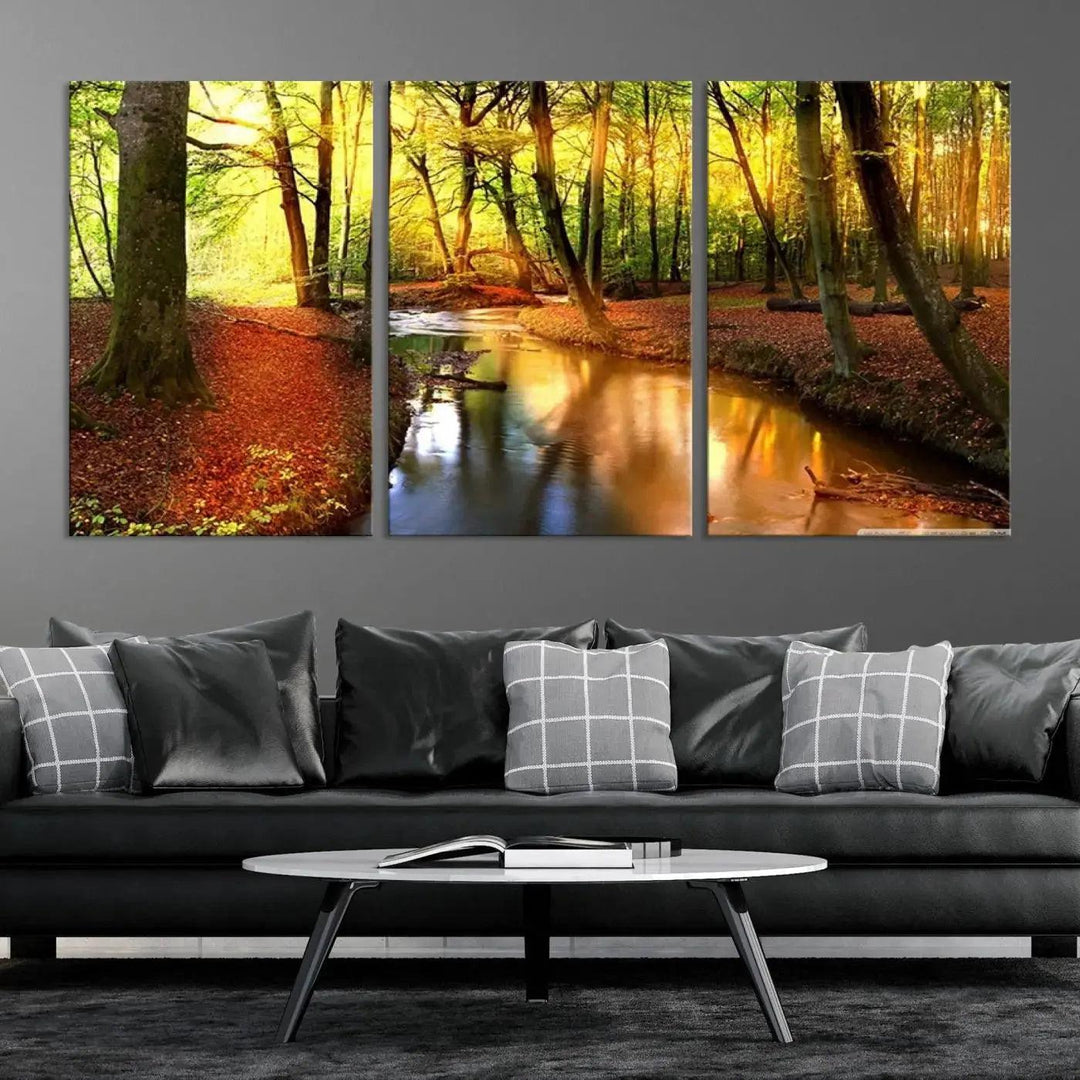 Stream inside Red and Green Colored Forest in Spring Large Wall Art Landscape Canvas Print