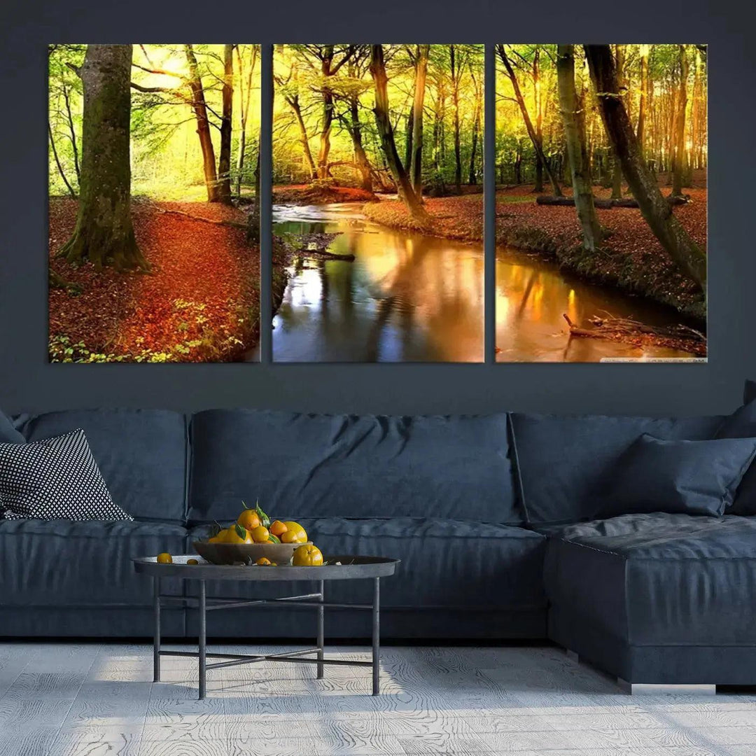 Stream inside Red and Green Colored Forest in Spring Large Wall Art Landscape Canvas Print