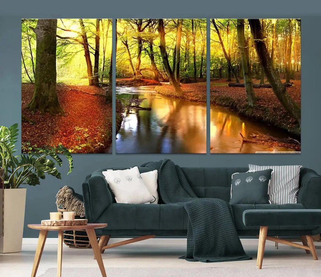 Stream inside Red and Green Colored Forest in Spring Large Wall Art Landscape Canvas Print