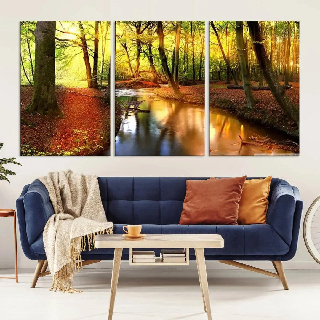 Stream inside Red and Green Colored Forest in Spring Large Wall Art Landscape Canvas Print