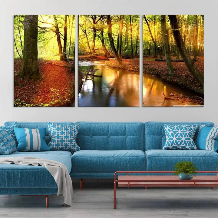 Stream inside Red and Green Colored Forest in Spring Large Wall Art Landscape Canvas Print