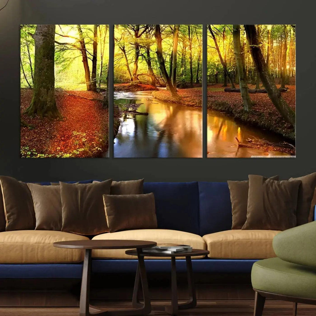 Stream inside Red and Green Colored Forest in Spring Large Wall Art Landscape Canvas Print