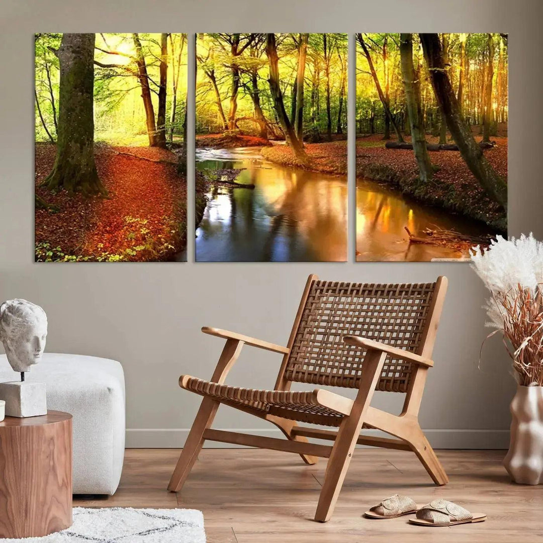 Stream inside Red and Green Colored Forest in Spring Large Wall Art Landscape Canvas Print