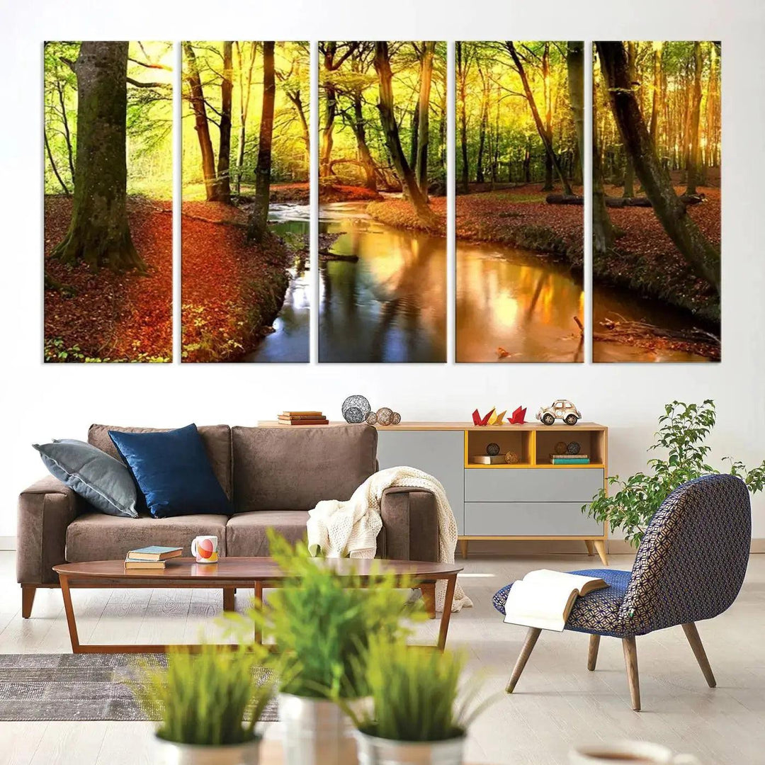 Stream inside Red and Green Colored Forest in Spring Large Wall Art Landscape Canvas Print