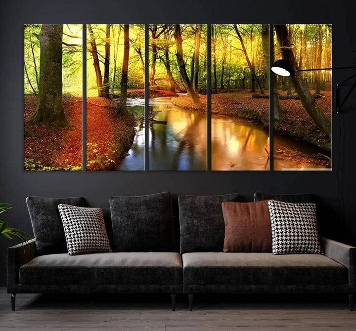 Stream inside Red and Green Colored Forest in Spring Large Wall Art Landscape Canvas Print