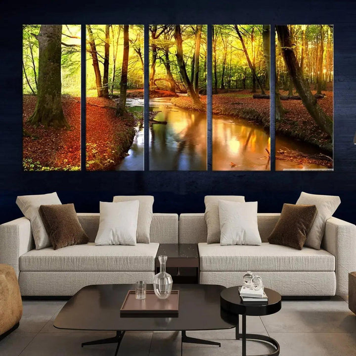 Stream inside Red and Green Colored Forest in Spring Large Wall Art Landscape Canvas Print