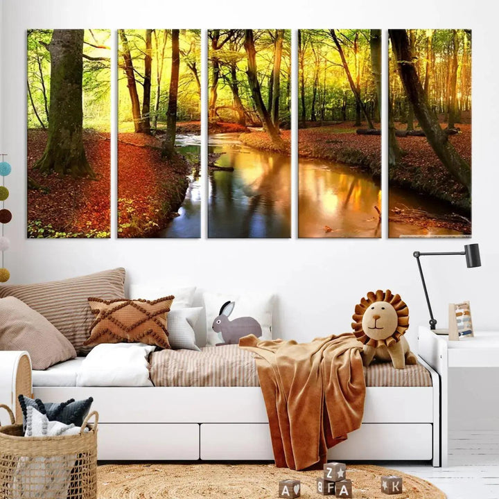 Stream inside Red and Green Colored Forest in Spring Large Wall Art Landscape Canvas Print