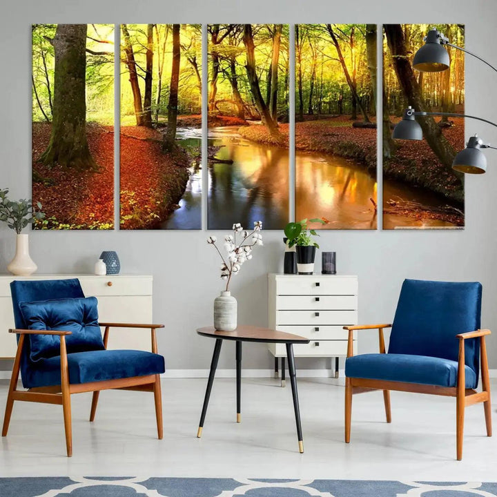 Stream inside Red and Green Colored Forest in Spring Large Wall Art Landscape Canvas Print