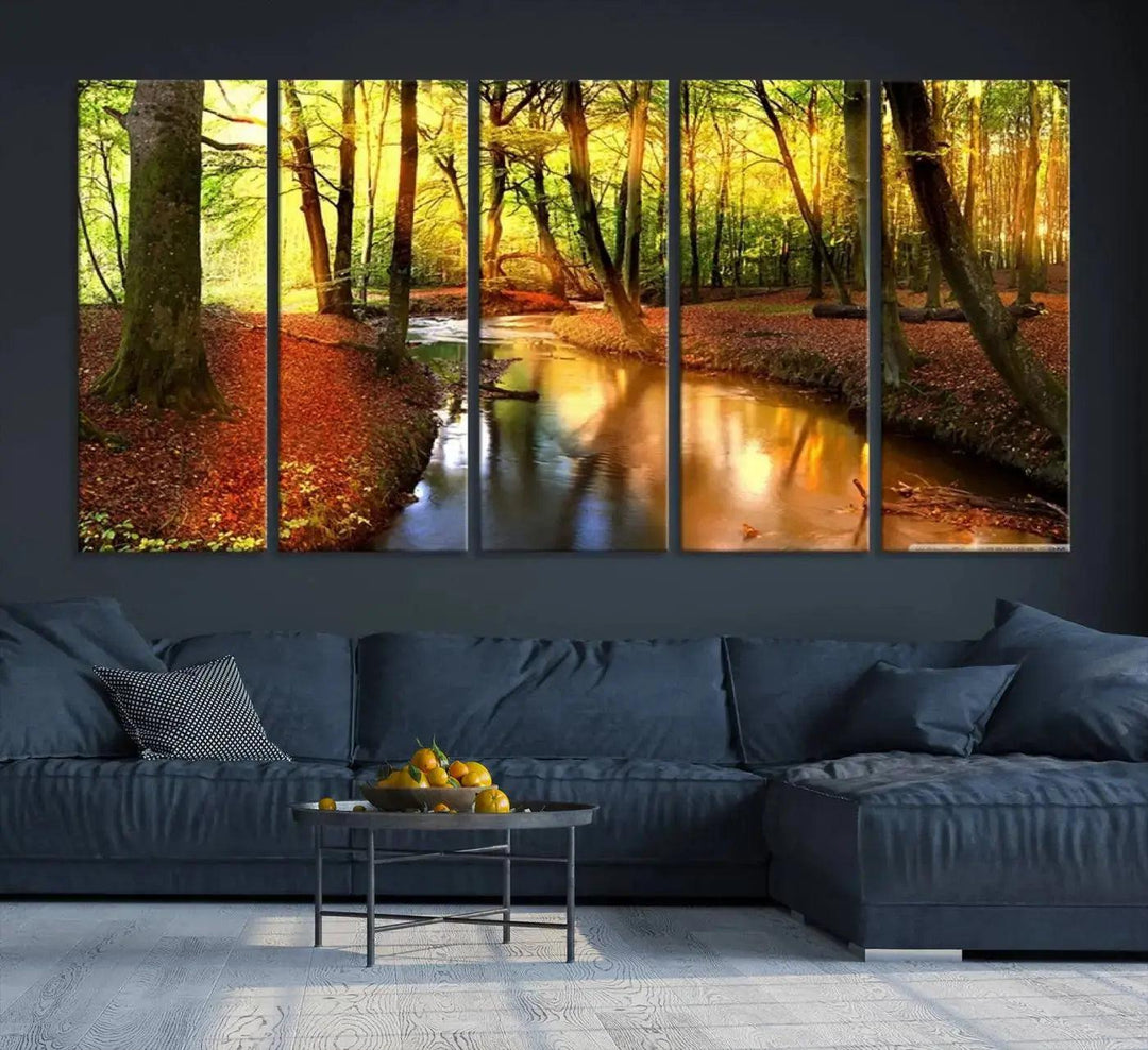 Stream inside Red and Green Colored Forest in Spring Large Wall Art Landscape Canvas Print