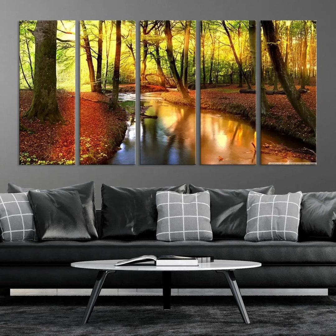 Stream inside Red and Green Colored Forest in Spring Large Wall Art Landscape Canvas Print