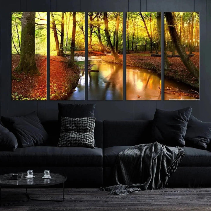 Stream inside Red and Green Colored Forest in Spring Large Wall Art Landscape Canvas Print