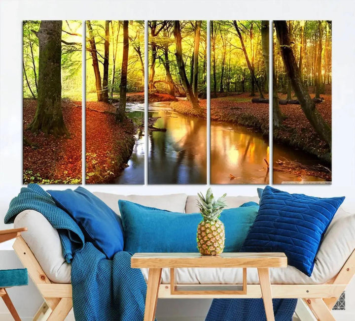 Stream inside Red and Green Colored Forest in Spring Large Wall Art Landscape Canvas Print