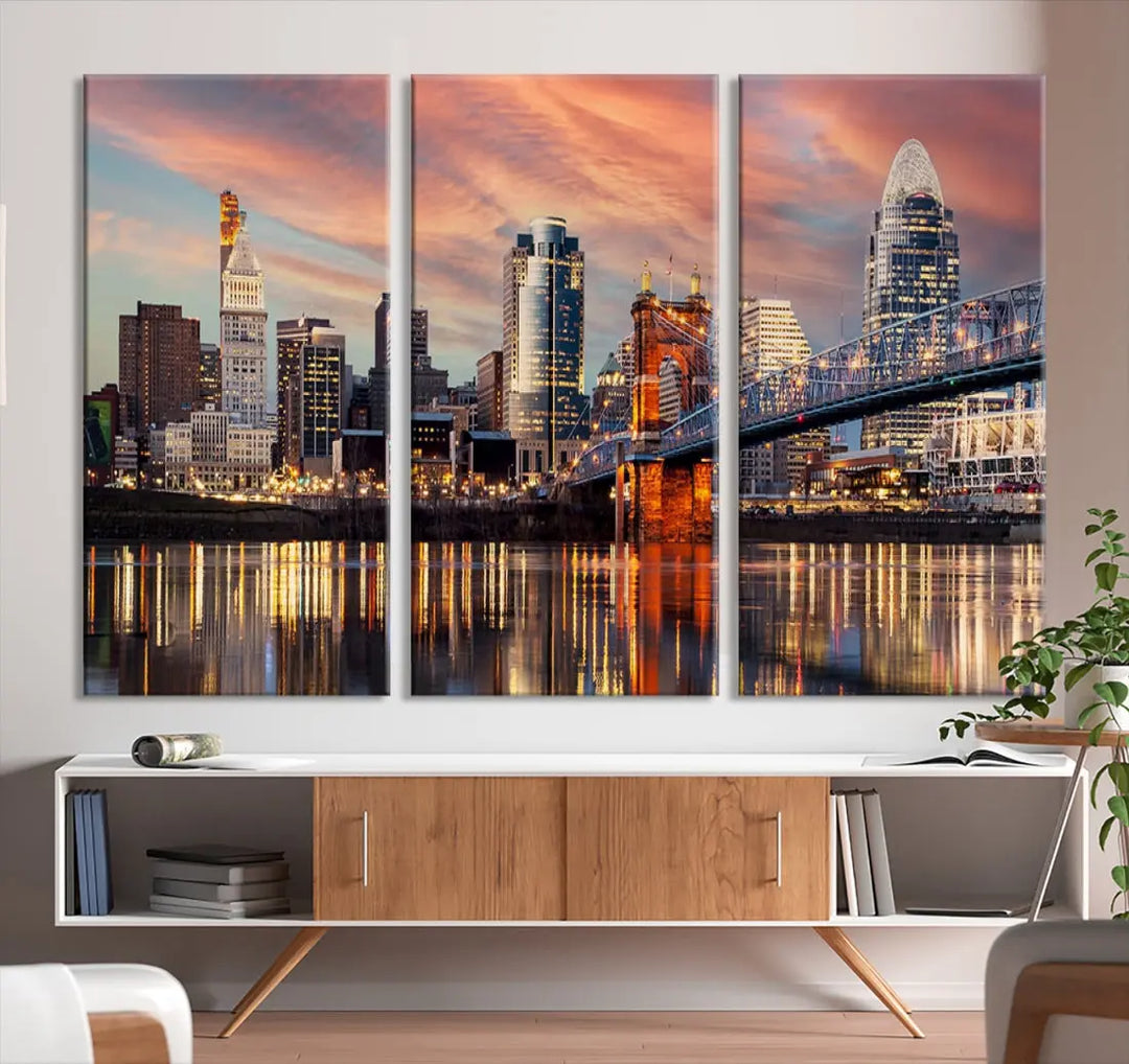 Stunning Cincinnati Bridge Photo Canvas Wall Art Cityscape Print Framed