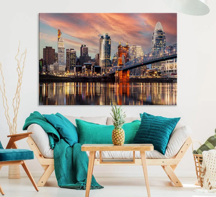 Stunning Cincinnati Bridge Photo Canvas Wall Art Cityscape Print Framed