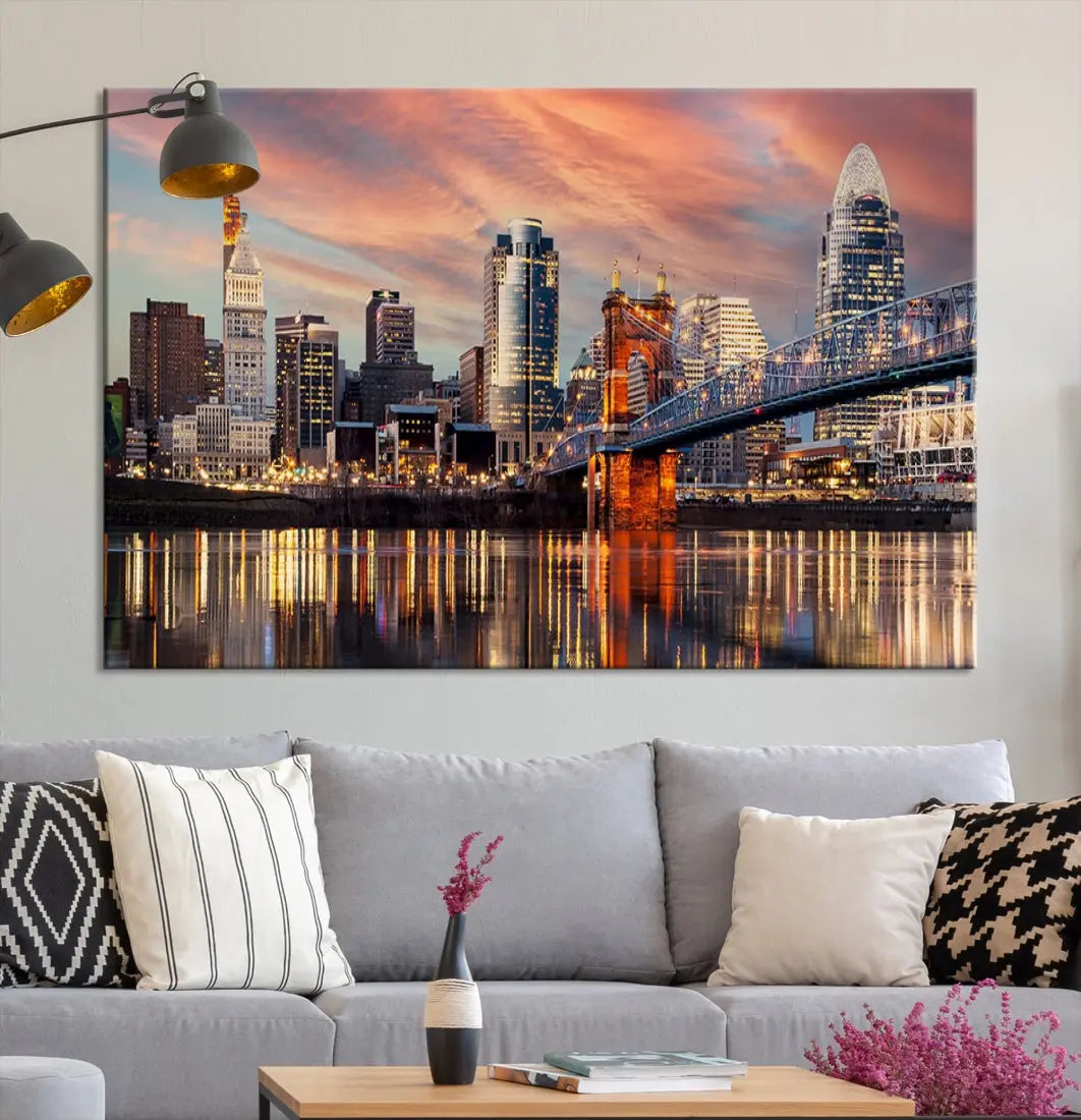 Stunning Cincinnati Bridge Photo Canvas Wall Art Cityscape Print Framed