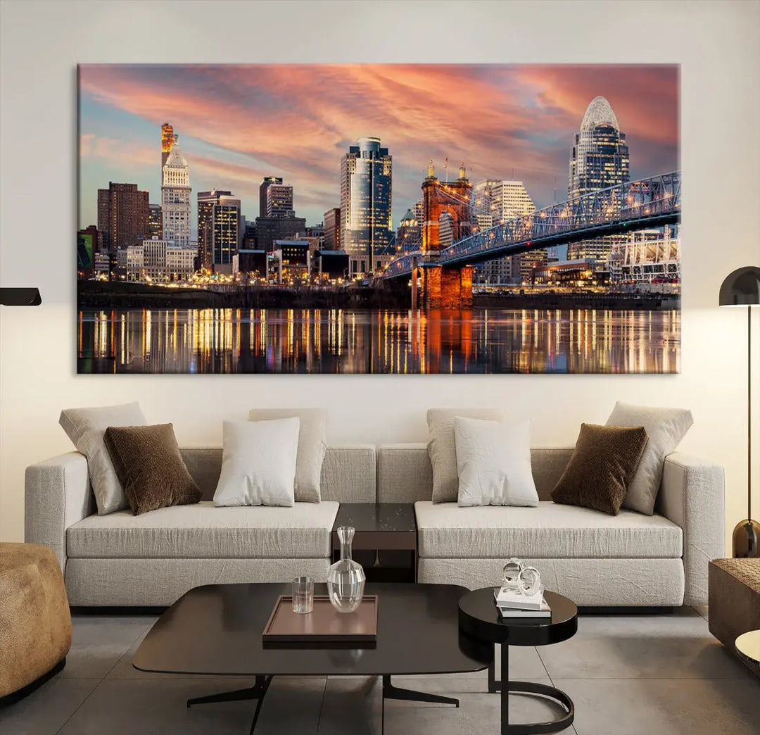 Stunning Cincinnati Bridge Photo Canvas Wall Art Cityscape Print Framed