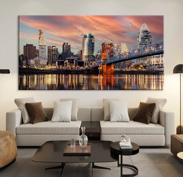 Stunning Cincinnati Bridge Photo Canvas Wall Art Cityscape Print Framed