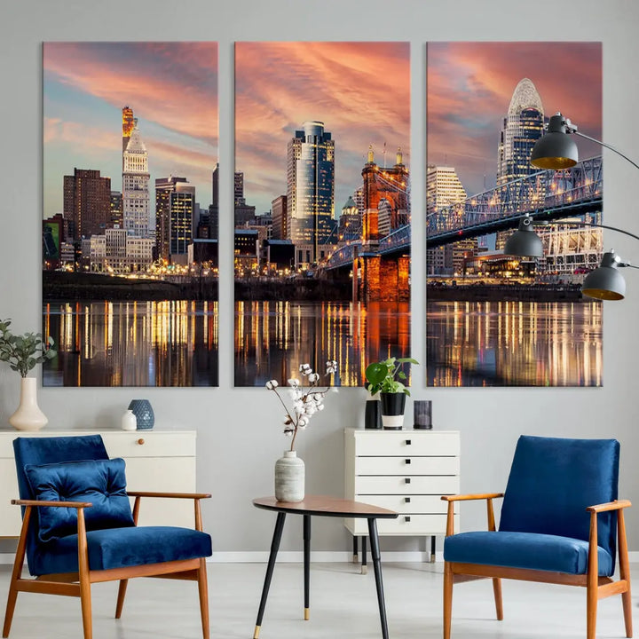 Stunning Cincinnati Bridge Photo Canvas Wall Art Cityscape Print Framed