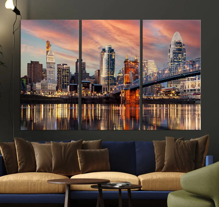 Stunning Cincinnati Bridge Photo Canvas Wall Art Cityscape Print Framed