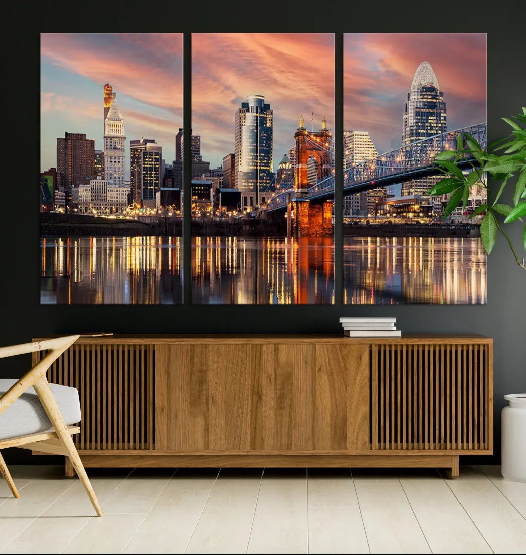 Stunning Cincinnati Bridge Photo Canvas Wall Art Cityscape Print Framed