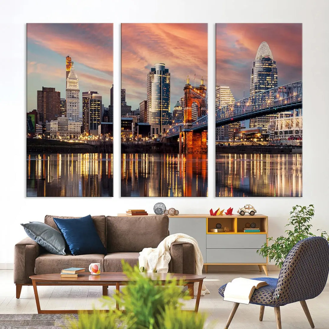 Stunning Cincinnati Bridge Photo Canvas Wall Art Cityscape Print Framed