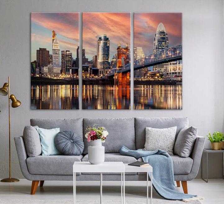 Stunning Cincinnati Bridge Photo Canvas Wall Art Cityscape Print Framed