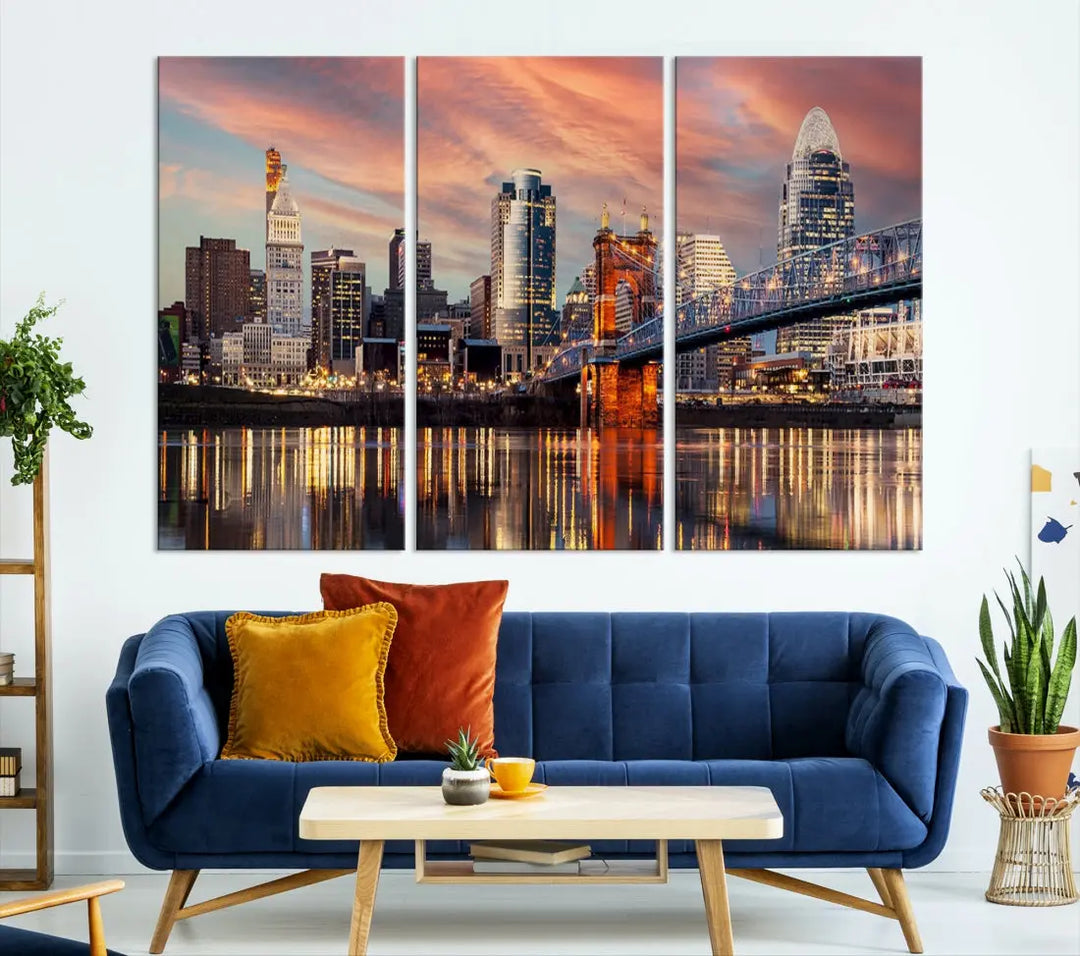 Stunning Cincinnati Bridge Photo Canvas Wall Art Cityscape Print Framed