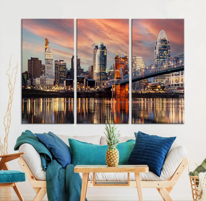 Stunning Cincinnati Bridge Photo Canvas Wall Art Cityscape Print Framed