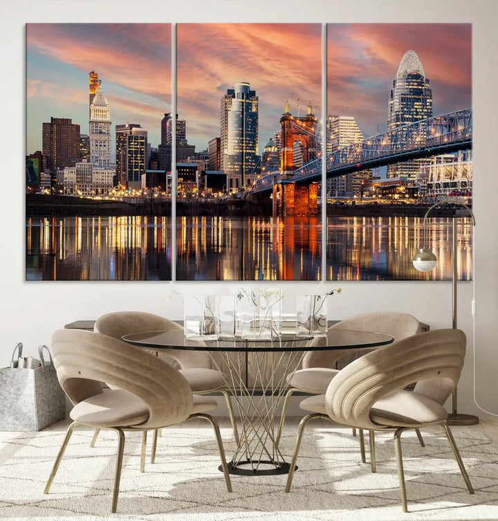 Stunning Cincinnati Bridge Photo Canvas Wall Art Cityscape Print Framed