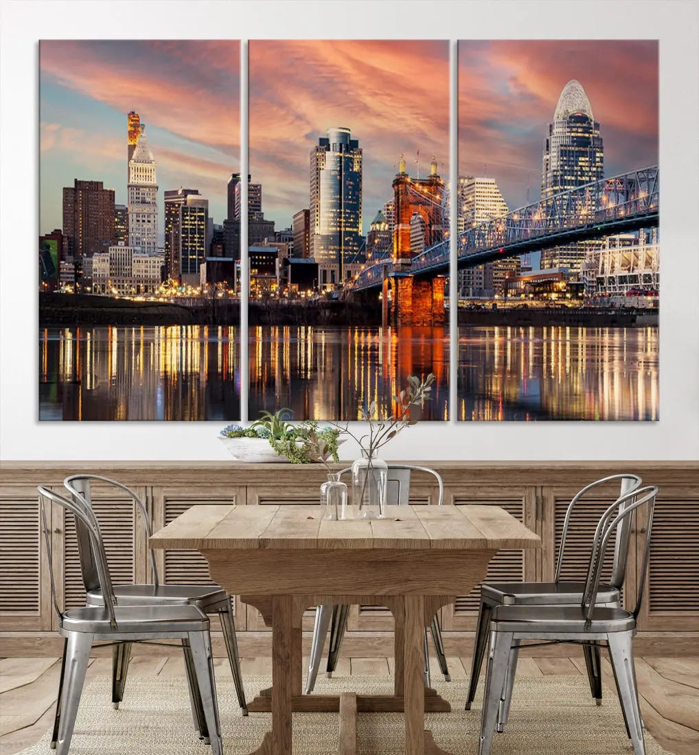 Stunning Cincinnati Bridge Photo Canvas Wall Art Cityscape Print Framed