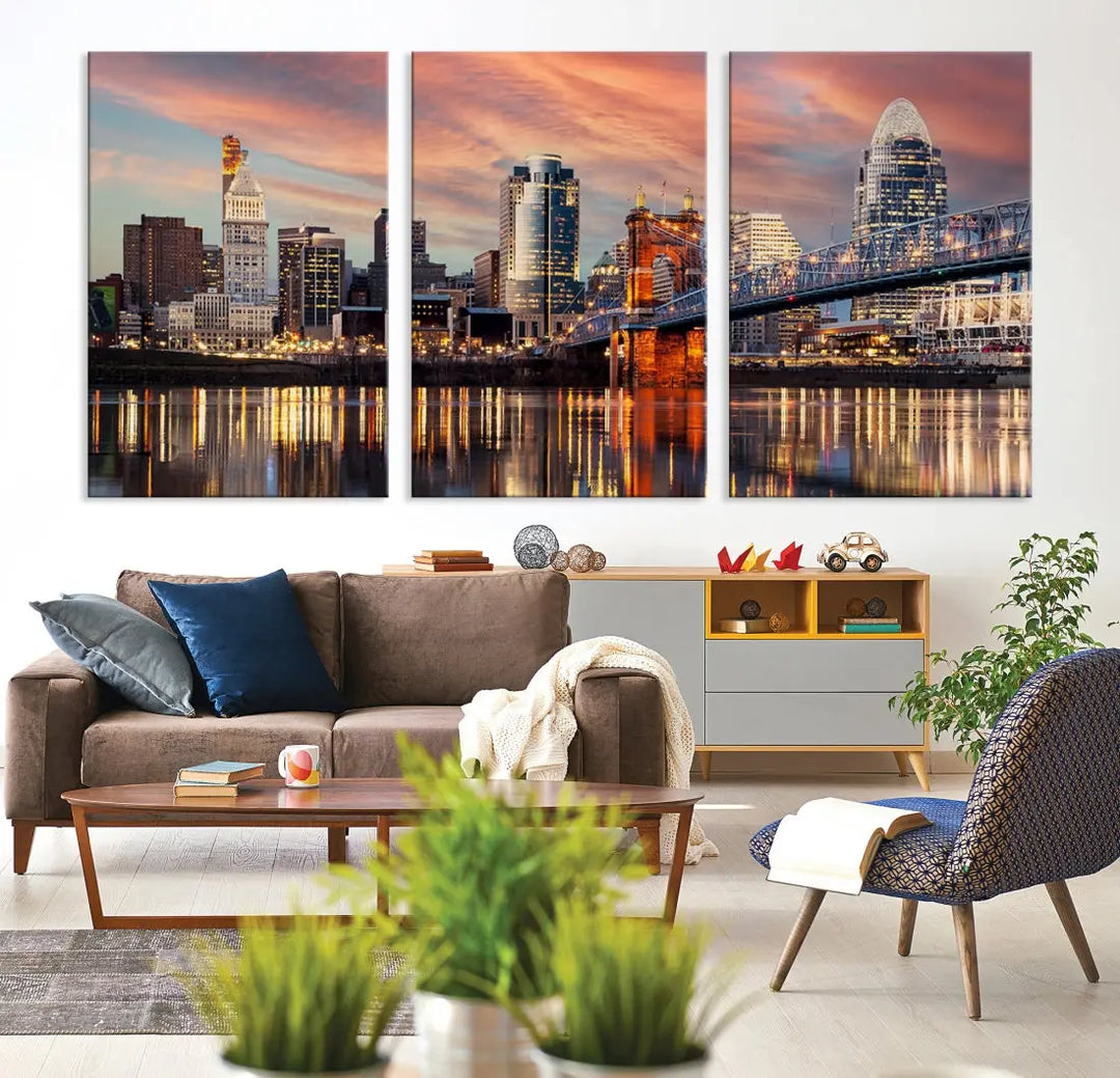 Stunning Cincinnati Bridge Photo Canvas Wall Art Cityscape Print Framed