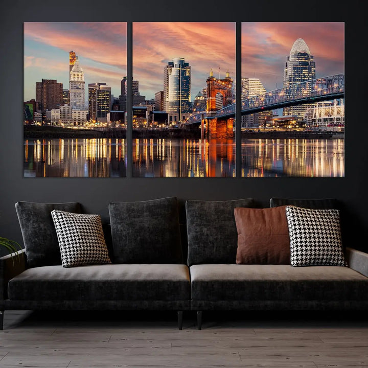 Stunning Cincinnati Bridge Photo Canvas Wall Art Cityscape Print Framed