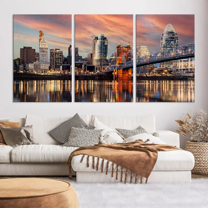 Stunning Cincinnati Bridge Photo Canvas Wall Art Cityscape Print Framed