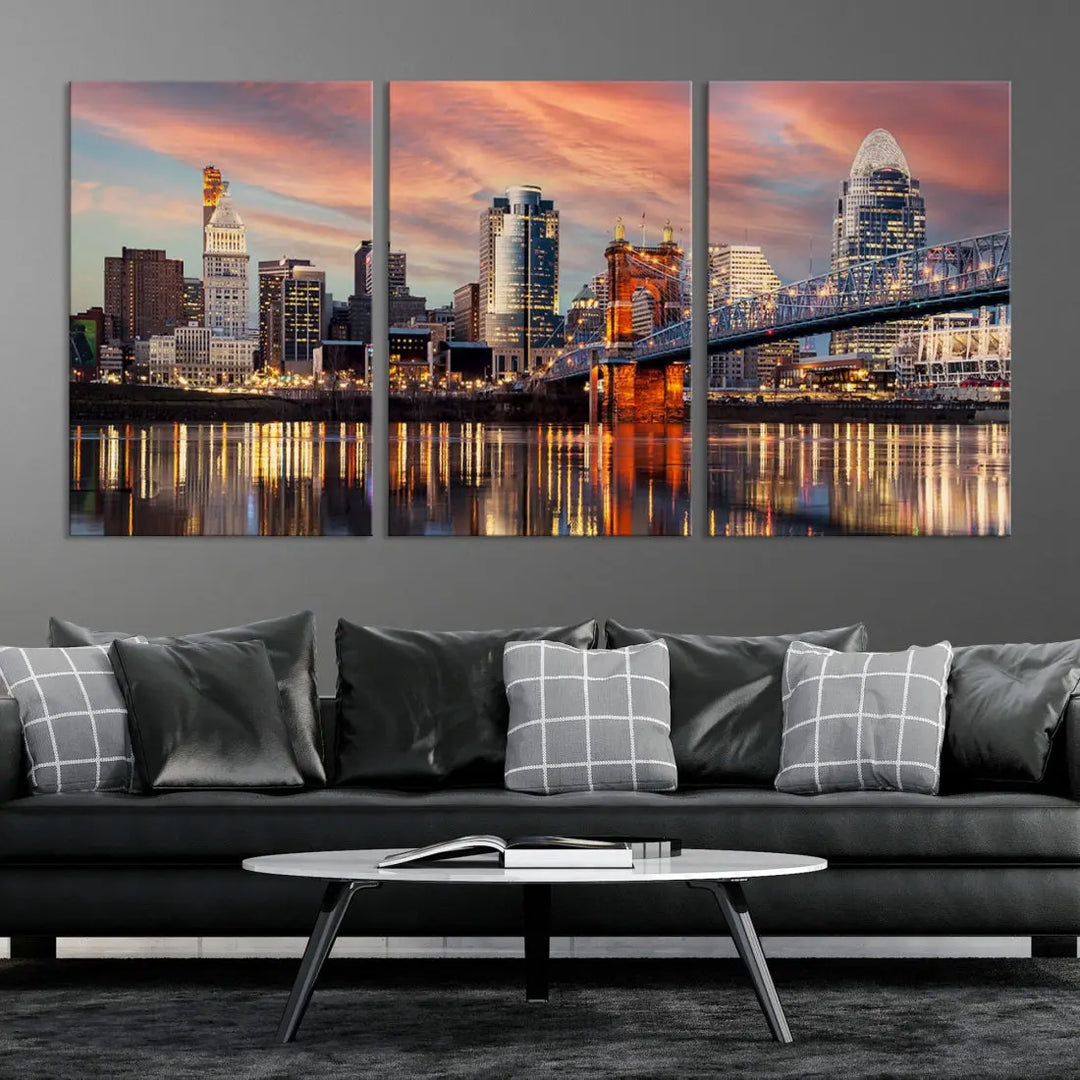 Stunning Cincinnati Bridge Photo Canvas Wall Art Cityscape Print Framed