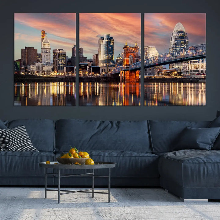 Stunning Cincinnati Bridge Photo Canvas Wall Art Cityscape Print Framed