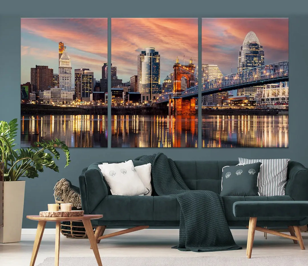 Stunning Cincinnati Bridge Photo Canvas Wall Art Cityscape Print Framed