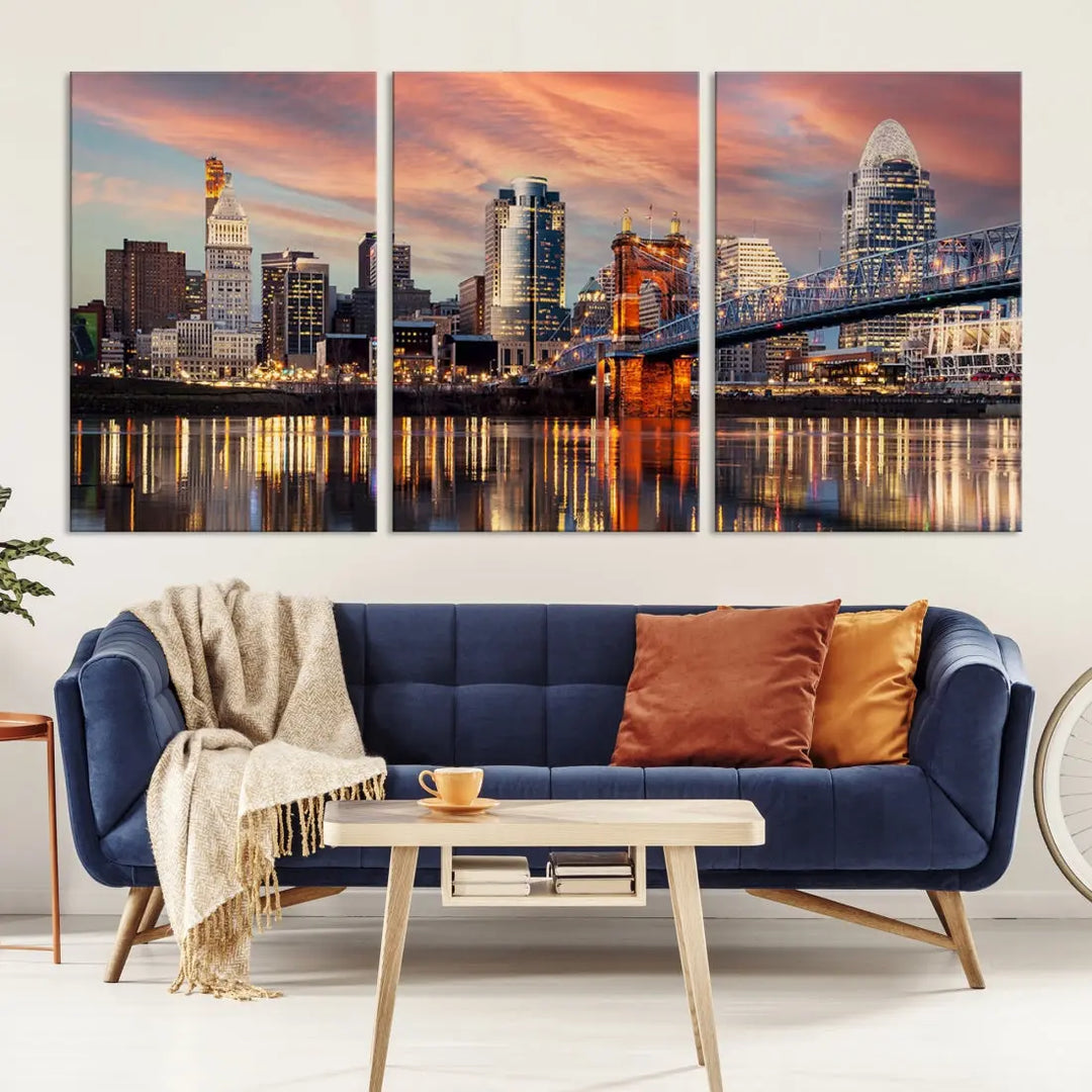 Stunning Cincinnati Bridge Photo Canvas Wall Art Cityscape Print Framed