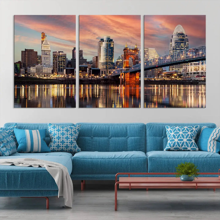 Stunning Cincinnati Bridge Photo Canvas Wall Art Cityscape Print Framed