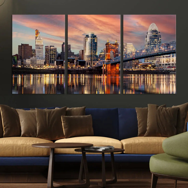 Stunning Cincinnati Bridge Photo Canvas Wall Art Cityscape Print Framed