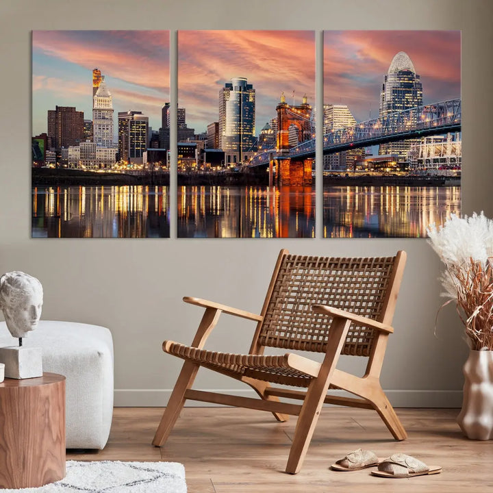 Stunning Cincinnati Bridge Photo Canvas Wall Art Cityscape Print Framed