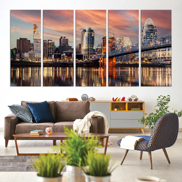 Stunning Cincinnati Bridge Photo Canvas Wall Art Cityscape Print Framed