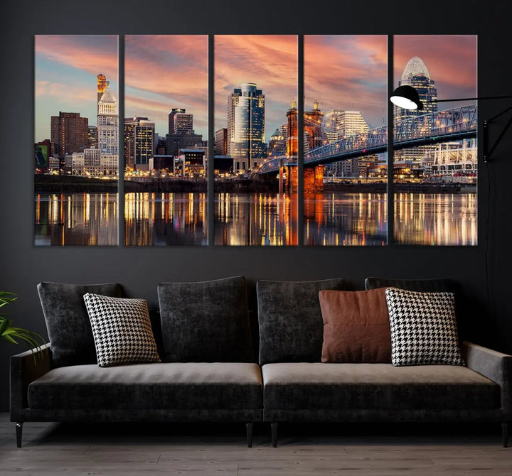 Stunning Cincinnati Bridge Photo Canvas Wall Art Cityscape Print Framed